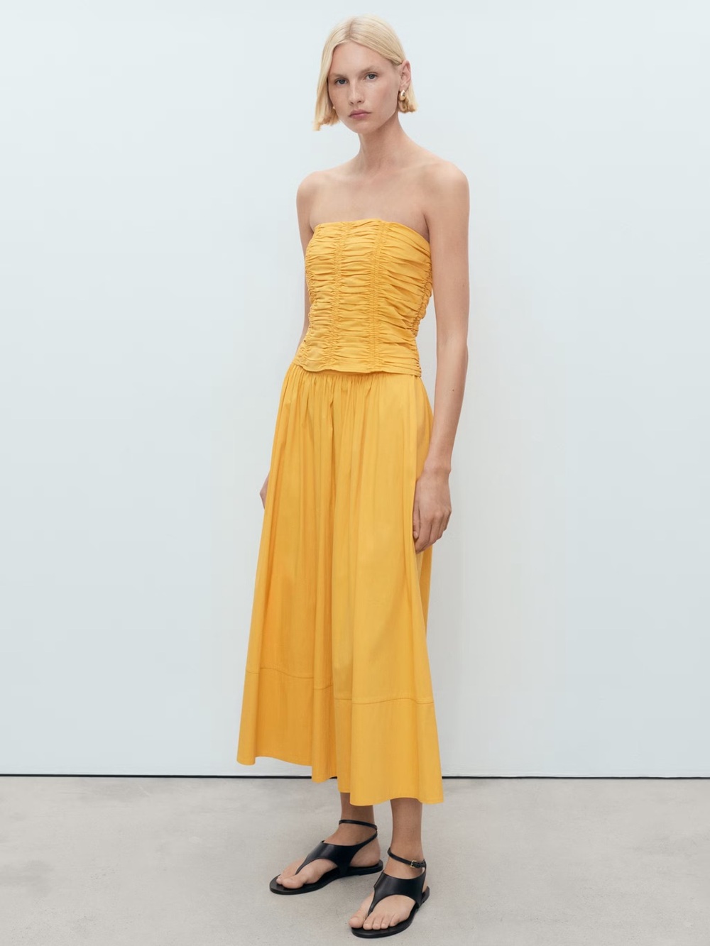 Mango Strapless Ruched Top and Skirt in Mustard Yellow